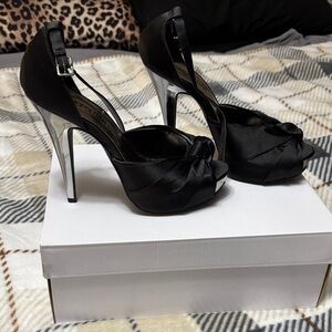 Cosmopolitan Black Satin Peep-Toe Heels